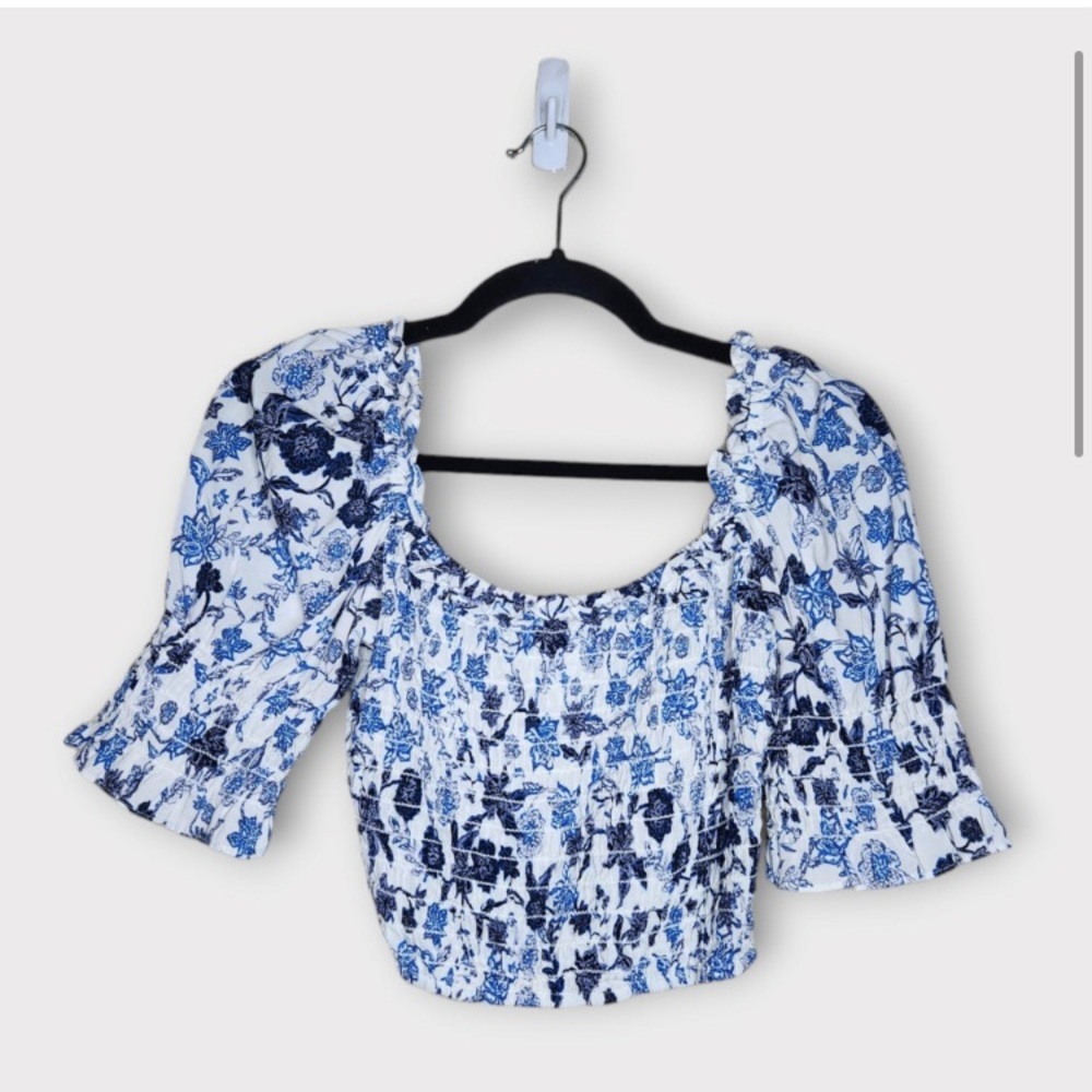 MISA Los Angeles Womens L Abbey Smocked Square Neck Crop Top Blue Floral Ruched